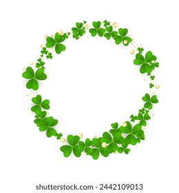 Realistic shamrock twisted wreath. Round Clover luxury frame. Green gold leaves floral garland. Trefoil border. St Patricks Day decoration for greeting card. Irish motif. Vector illustration EPS 10.