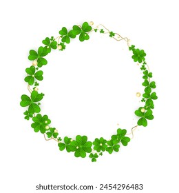 Realistic shamrock twisted wreath. Round Clover luxury frame. Green gold leaves floral garland. Trefoil border. St. Patricks Day decoration for greeting card. Irish motif. Vector illustration EPS 10.