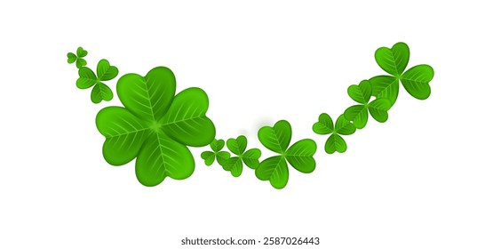 Realistic shamrock wreath element. Round clover frame. Green leaves floral garland. Trefoil border. St. Patricks Day decoration for greeting card. Irish tradition motif. Vector illustration EPS 10