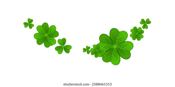 Realistic shamrock wreath element. Round clover frame. Green leaves floral garland. Trefoil border. St. Patricks Day decoration for greeting card. Irish tradition motif. Vector illustration EPS 10