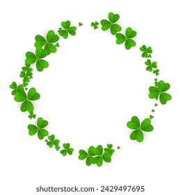 Realistic shamrock wreath. Round clover frame. Green leaves floral garland. Trefoil border. St. Patricks Day decoration for greeting card. Irish tradition motif. Vector illustration EPS 10.