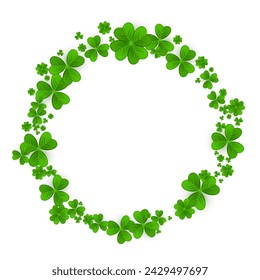 Realistic shamrock wreath. Round clover frame. Green leaves floral garland. Trefoil border. St. Patricks Day decoration for greeting card. Irish tradition motif. Vector illustration EPS 10.