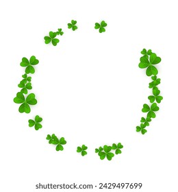 Realistic shamrock wreath. Round clover frame. Green leaves floral garland. Trefoil border. St. Patricks Day decoration for greeting card. Irish tradition motif. Vector illustration EPS 10.