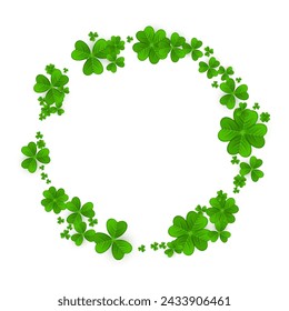 Realistic shamrock wreath. Round clover frame. Green leaves floral garland. Trefoil border. St. Patricks Day decoration for greeting card. Irish tradition motif. Vector illustration EPS 10.