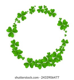 Realistic shamrock wreath. Round clover frame. Green leaves floral garland. Trefoil border. St. Patricks Day decoration for greeting card. Irish tradition motif. Vector illustration EPS 10.