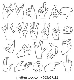 Realistic shape hand gestures outline line stroke icons set.