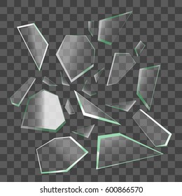 Realistic Shards of Broken Glass on Transparent Background Sharp Piece. Vector illustration