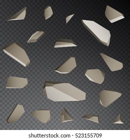 Realistic shards of broken stone on transparent background. Vector illustration