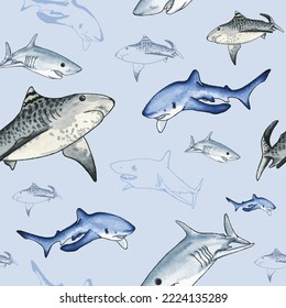 Tiburones realistas de fondo azul. Patrón claro con tiburones.