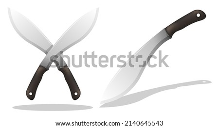 Realistic sharp knife machete. Melee weapon of hunter in jungle. Crossed machetes, symbol of pirates and robbers. Vector isolated on white background