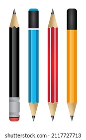 realistic sharpened pencils of various types and lengths with eraser, set of illustrations sharpened pencils of various types.
