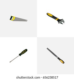 Realistic Sharpener, Carpenter, Hacksaw And Other Vector Elements. Set Of Tools Realistic Symbols Also Includes Carpenter, Tool, Screwdriver Objects.