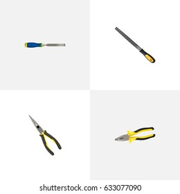 Realistic Sharpener, Carpenter, Nippers And Other Vector Elements. Set Of Kit Realistic Symbols Also Includes Nippers, Chisel, Long Objects.
