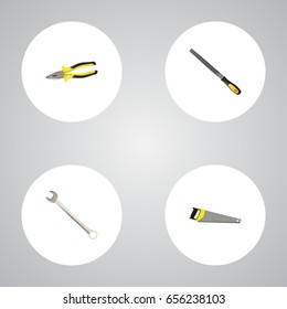 Realistic Sharpener, Hacksaw, Spanner And Other Vector Elements. Set Of Instruments Realistic Symbols Also Includes Hacksaw, Spanner, Pincers Objects.