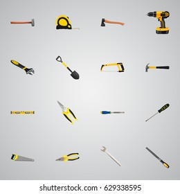 Realistic Sharpener, Length Roulette, Plumb Ruler And Other Vector Elements. Set Of Instruments Realistic Symbols Also Includes Clippers, Sledge, Appliance Objects.