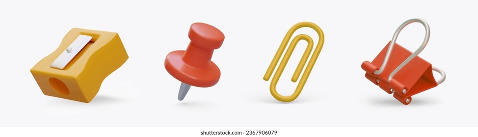 Realistische Schärfe, Stift, Papierclip, Bindeklemme. Set von farbigen Schreibwaren für die Arbeit mit Dokumenten. Isolierte Objekte. Schulbedarf. Symbole für Webdesign