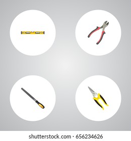 Realistic Sharpener, Scissors, Plumb Ruler And Other Vector Elements. Set Of Tools Realistic Symbols Also Includes Scissors, Level, Instrument Objects.