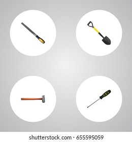 Realistic Sharpener, Spade, Carpenter And Other Vector Elements. Set Of Instruments Realistic Symbols Also Includes Sledge, Screwdriver, Spade Objects.