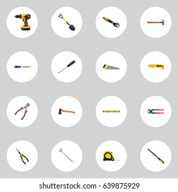 Realistic Sharpener, Spanner, Length Roulette And Other Vector Elements. Set Of Tools Realistic Symbols Also Includes Hatchet, Carpenter, Nippers Objects.
