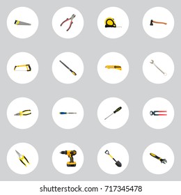 Realistic Sharpener, Stationery Knife, Length Roulette And Other Vector Elements. Set Of Instruments Realistic Symbols Also Includes Tongs, Stationery, Wrench Objects.