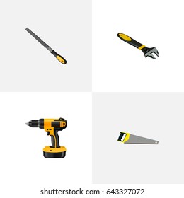 Realistic Sharpener, Wrench, Hacksaw And Other Vector Elements. Set Of Kit Realistic Symbols Also Includes Hacksaw, Emery, Spanner Objects.
