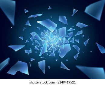 Realistic shattered glass pieces. Flying sharp fragments. Split small debris. 3D random shapes elements. Cracked window splinters. Damaged mirror parts. Blurred motion