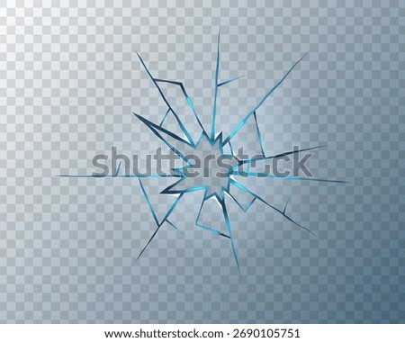 Realistic shattered glass texture with sharp cracks and bullet holes. Transparent broken window background with fracture and crash effect. Abstract 3D design for damage overlay.
