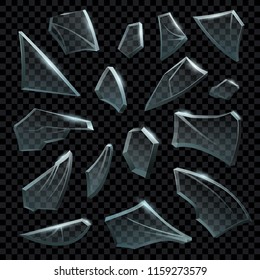 Realistic shattered glass. Transparent broken pieces of cracked fragile glassful shatter. Clear exploding splinters shapes and crushed shattered fragments shapes, realistic vector isolated sign set