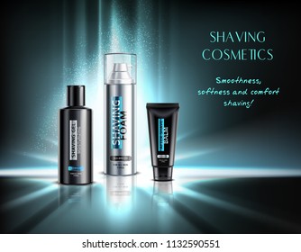 Realistic shaving cosmetics gel foam and balm illuminated advertising composition on dark background 3d vector illustration 