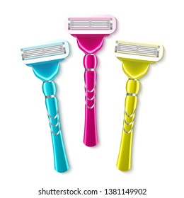 Realistic Shaving Razor Instrument Set Vector. Different Multi-colored Of Razor For Epilation Hair Removal. Skin Care Personal Hygiene Equipment Concept. Top View Image 3d Illustration