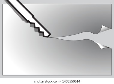 Realistic sheet of paper on a light background is cuts into two parts by icon of computer "Knife Tool" for a graphics program. Are edges of every part are curled. Vector 2d illustration.