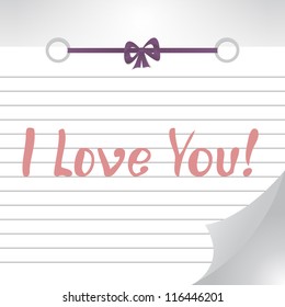realistic sheet of paper with a ribbon and the text: "I love you
