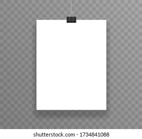 Realistic sheets of paper hanging on paper clips on a transparent background. Vector illustration.