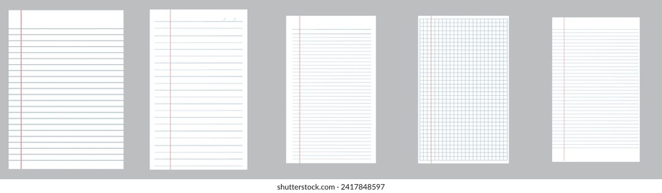 Realistic sheets of paper set. Notebook or book page, sheets from a notebook. Torn sheet of paper from a workbook. Paper sheets with lines, squares for memo. Vector. EPS10.