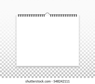 Realistic sheets of paper with spiral on a isolated transparent background. Blank calendar mock up. Design of white notebooks, horizontal wall calendars, cards. Stock vector.