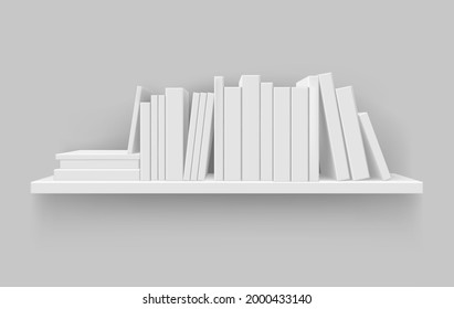 Realistic shelf with blank book vector illustration. Bookshelf mockup with literature isolated. Wall interior at library, home or bookstore. Paper textbook for education, entertainment or knowledge