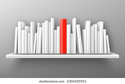 Realistic shelf mockup with white and red books isolated on background. Vector illustration of 3D bookshelf hanging on wall, literature with blank spine standing in library, bookstore or at trade fair