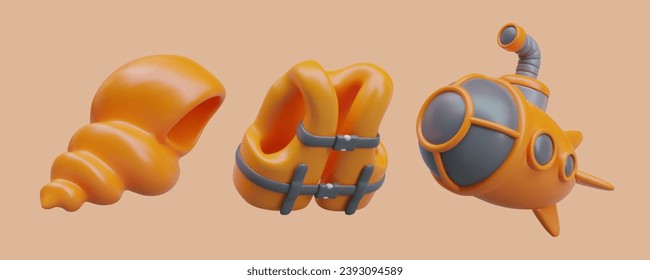 Realistic shell, inflatable life jacket with fasteners, bathyscaphe with large porthole. Underwater excursions. Safe sailing. Souvenirs from seabed. Orange vector