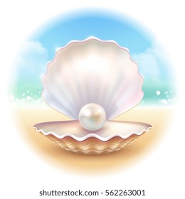 Realistic shell pearl on sandy surf beach image with summer sky inscribed in blurry round shape vector illustration 