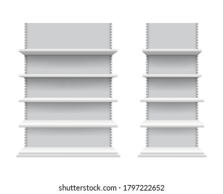 Realistic shelves mockup. Isolated store shelving, white commercial display. Supermarket or expo showcase vector illustration