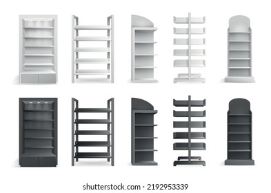 Realistic shelving set of white and black empty shelves and racks of different styles isolated vector illustration