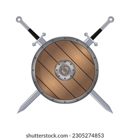 Realistischer Schild und Schwertemblem. Logo für Kriegsspiele und Antiquitäten