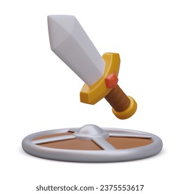 Realistic shield and sword with red crystal on hilt. Isolated vector image. Ancient melee weapon, sharp blade. Game content, symbol of hand to hand combat