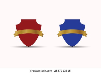 Realistic Shield template. Blank logo design with golden ribbon used for Security, Web protection, and Internet security vector design. Red and Blue badges and colorful metallic shields.