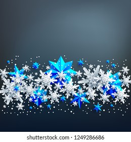Realistic shine Banner with place for text template. Shine winter decoration on dark background with snowflakes and stars