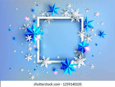 Realistic shine Banner with place for text template. Shine winter decoration on light blue background with snowflakes and stars