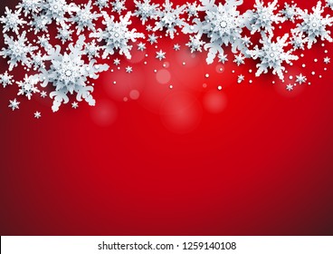 Realistic shine Banner with place for text template. Shine winter decoration on red bright background with snowflakes and stars