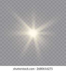 Brillo realista y efecto de brillo aislado sobre fondo transparente. Chispas y efectos de explosión. Estrellas y rayos de luz. Un rayo de sol. Ilustración vectorial