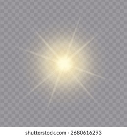Brillo realista y efecto de brillo aislado sobre fondo transparente. Chispas y efectos de explosión. Estrellas y rayos de luz. Un rayo de sol. Ilustración vectorial