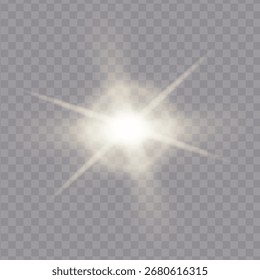 Brillo realista y efecto de brillo aislado sobre fondo transparente. Chispas y efectos de explosión. Estrellas y rayos de luz. Un rayo de sol. Ilustración vectorial